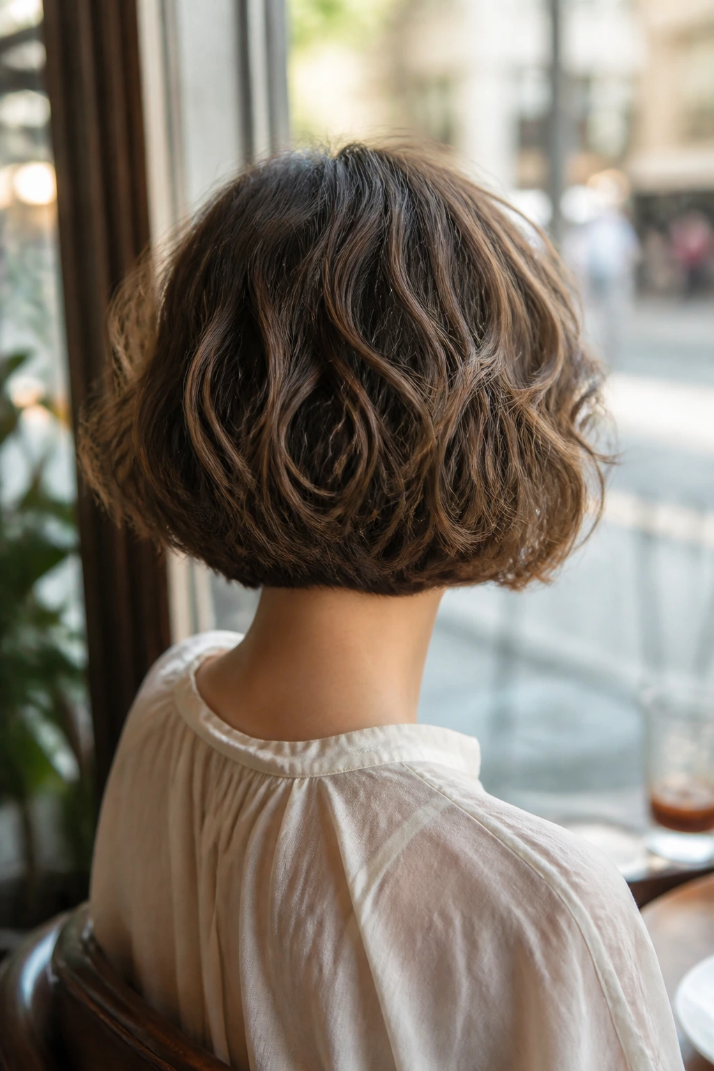 Back view of real woman with rounded nape-length bob and inward curl.