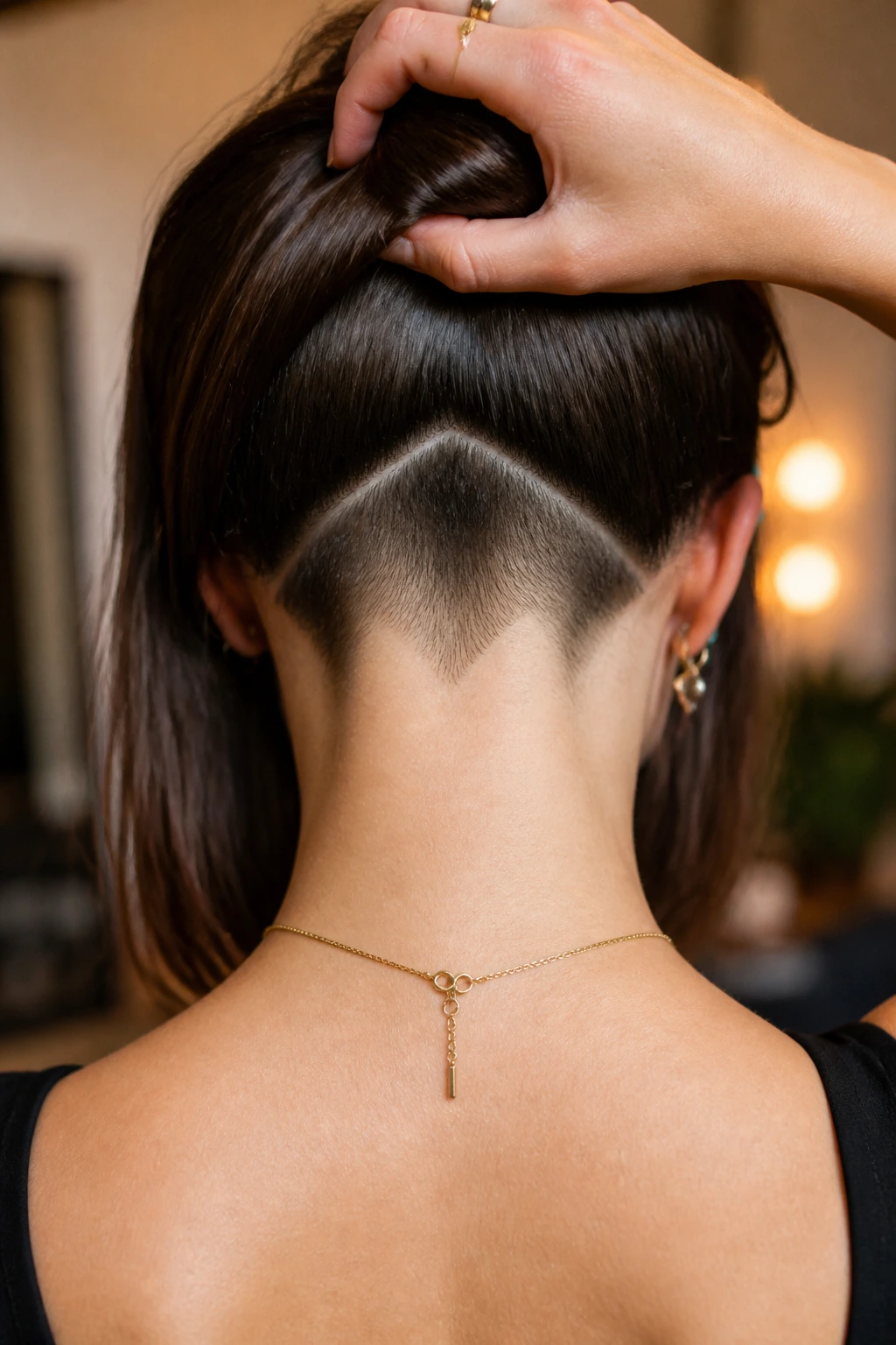 Back-of-head view showing two mirrored shaved notches at the nape of a real person's undercut.