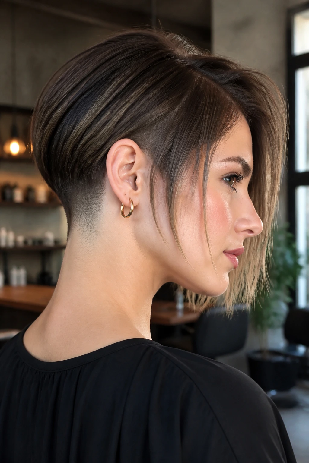 Close-up of a person with a nape-shaved graduated bob
