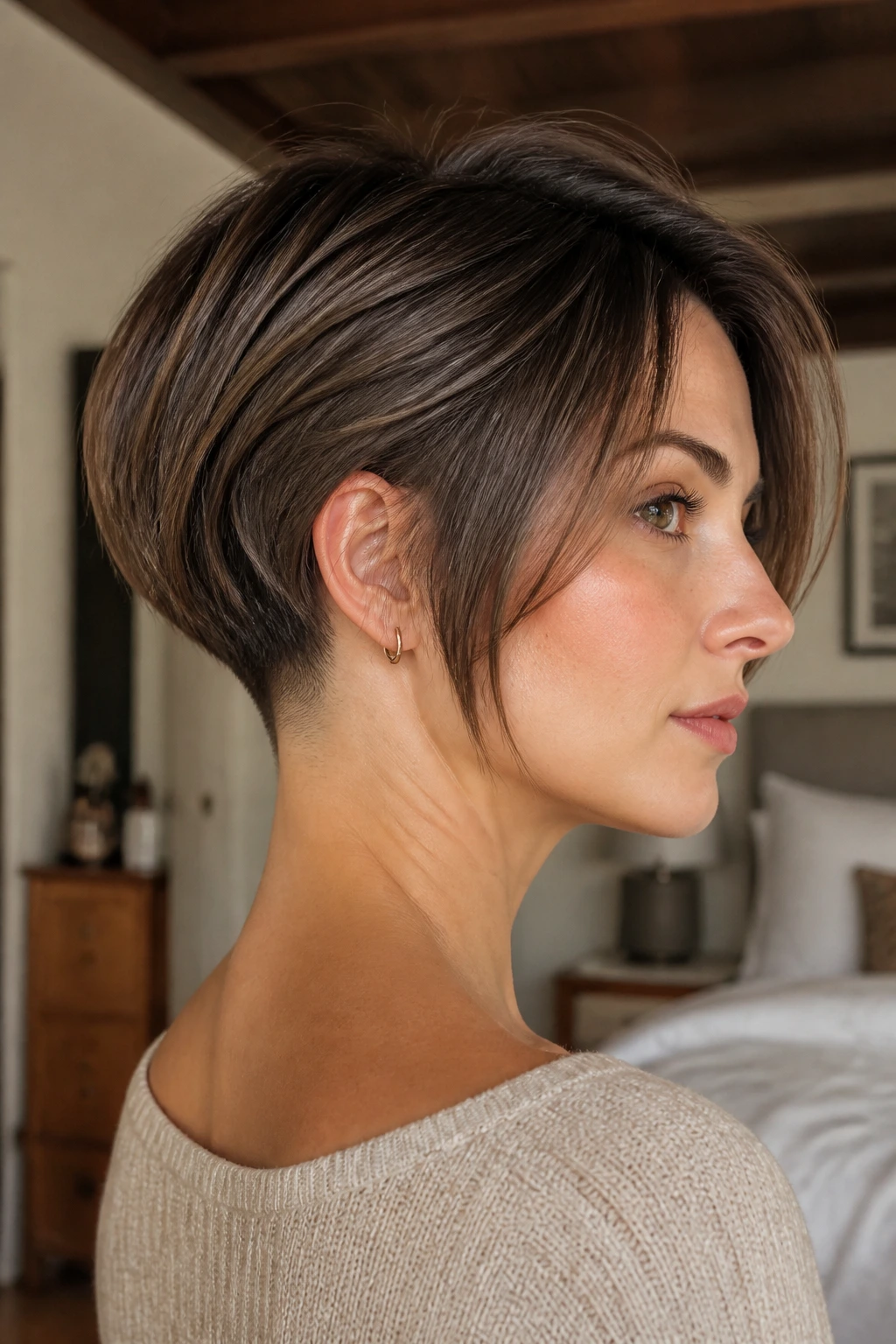 Close-up of a real woman with a nape-shaved graduated bob in a sunlit bedroom