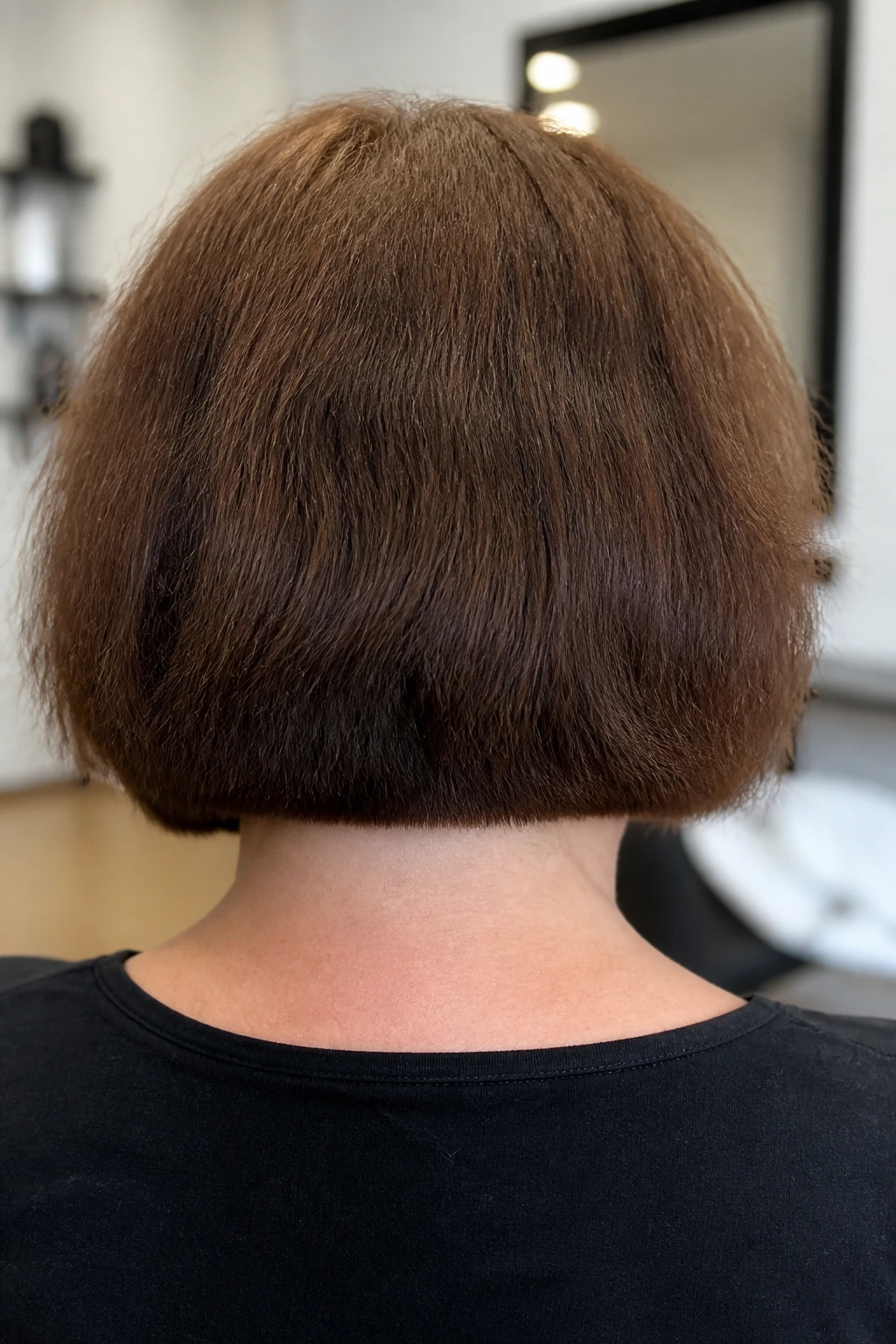 Close-up of a real woman with a blunt nape bob showing bulk at the back