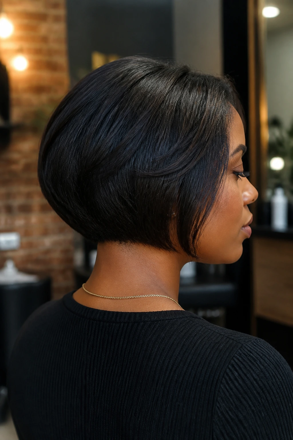 Close-up of a real person with a soft-tapered nape bob showing a shorter nape and longer front.