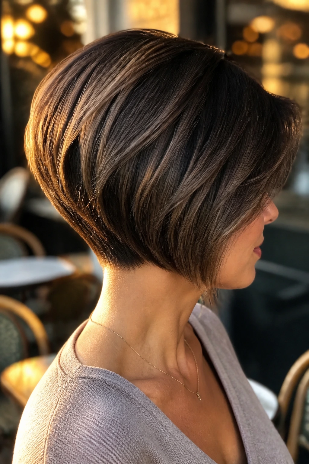 Close-up profile of a real woman with a nape-tapered stack hairstyle