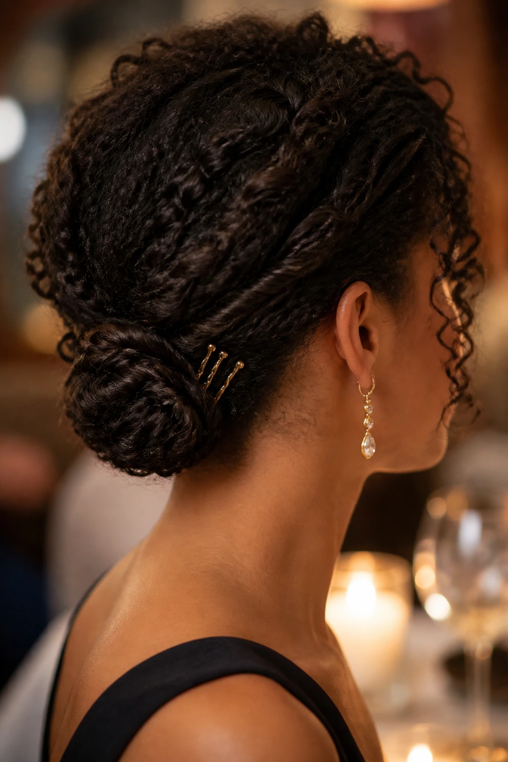 Real woman with loose nape twist and decorative pins