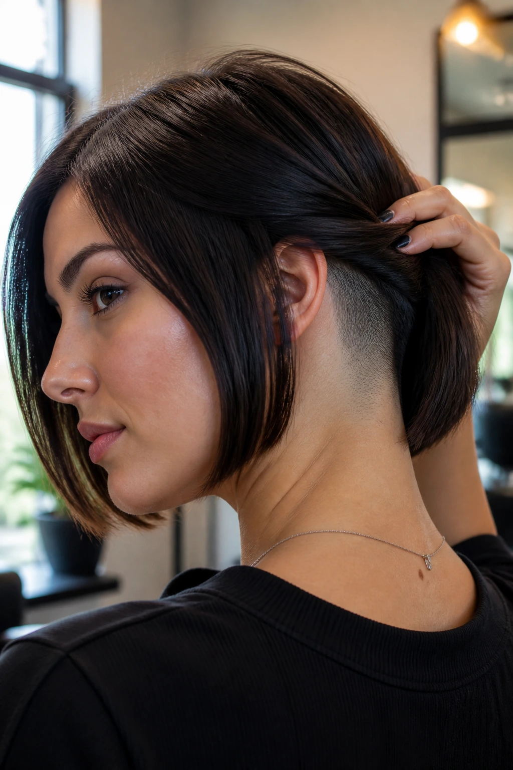 Close-up portrait of a woman with a classic nape undercut bob, shaved nape visible
