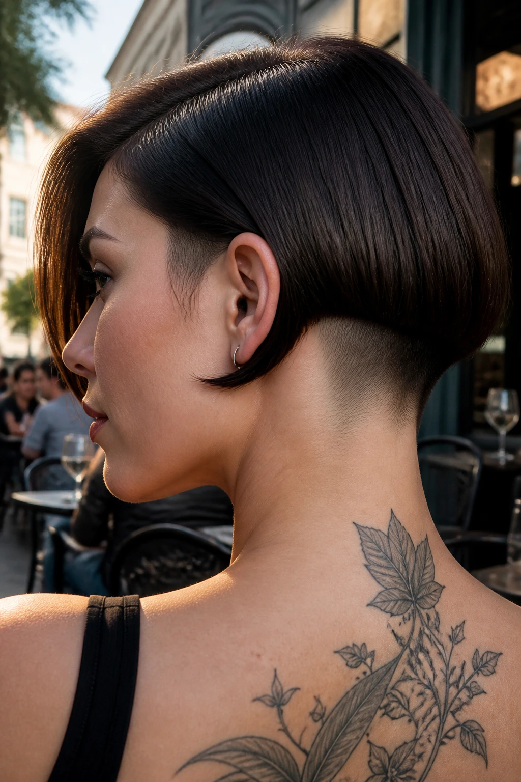 Close-up portrait of a real woman with a nape-undercut bob highlighting the shaved nape edge