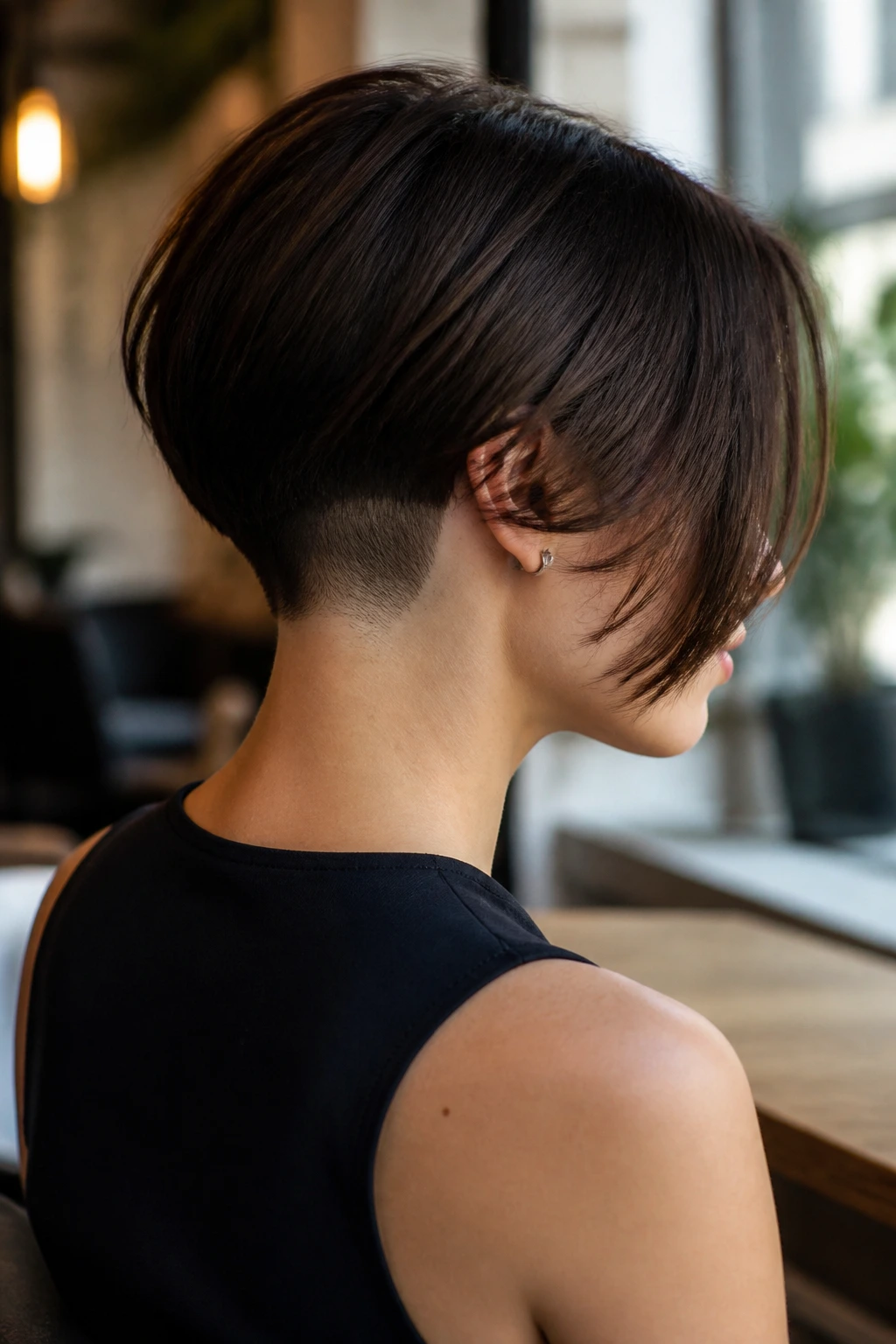 Close-up of a real woman with a crisp nape undercut beneath a long bob, shown in cafe window light.