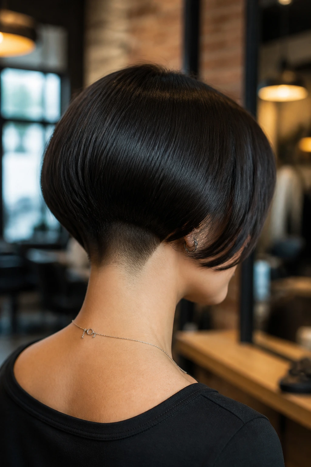 Close-up of a real person with a subtle nape undercut in a thick brunette bob