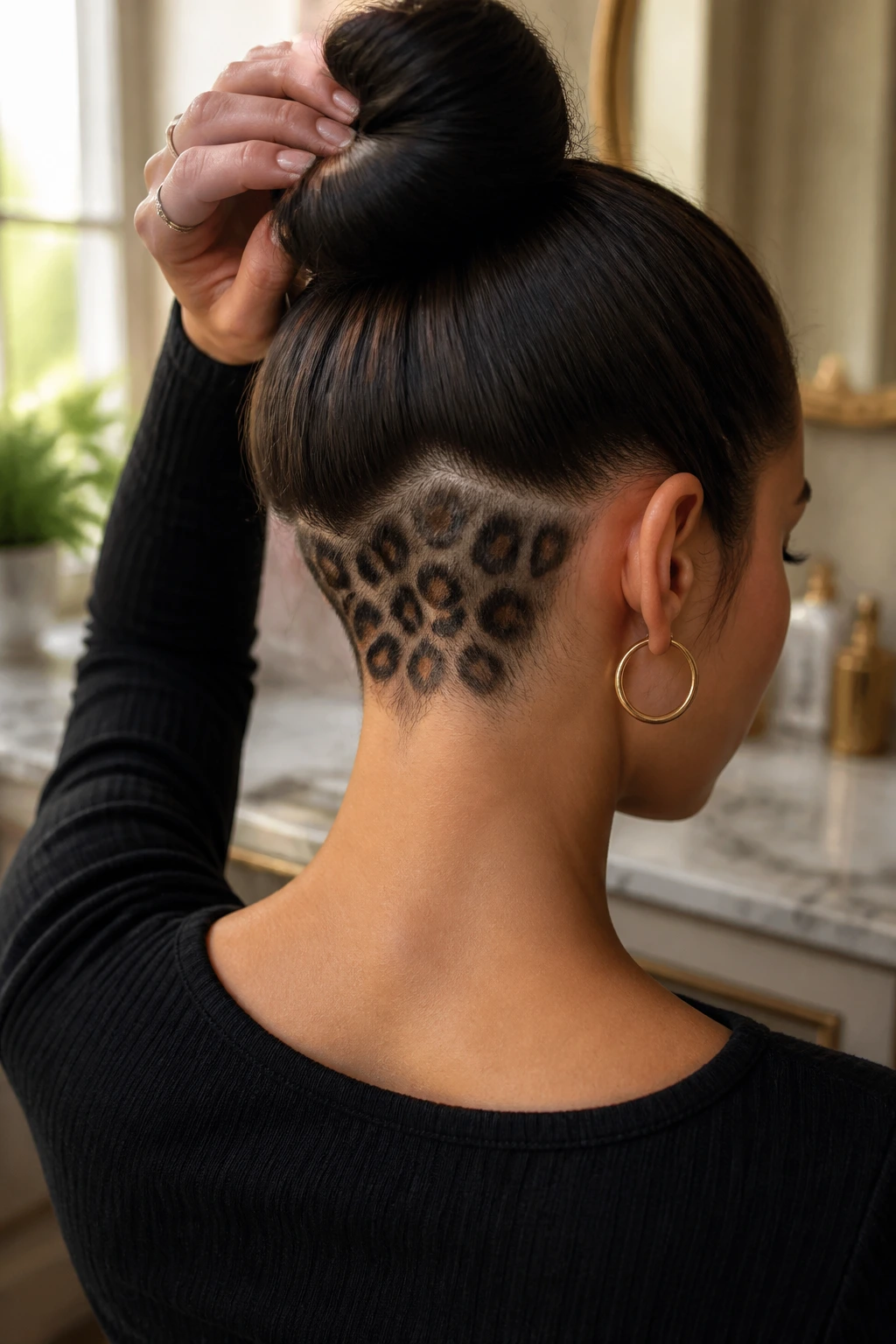 Close-up of a real woman's nape undercut with leopard spots visible under a sleek bun