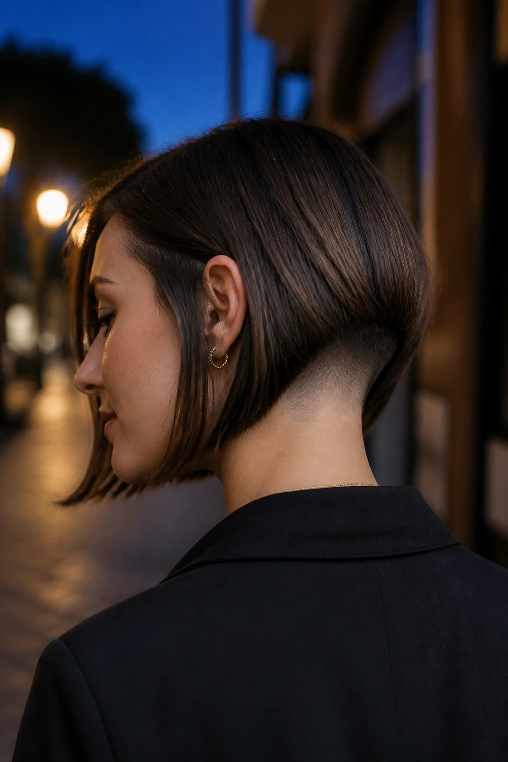 Rear/three-quarter view of a real woman with a minimalist nape-undercut lob.