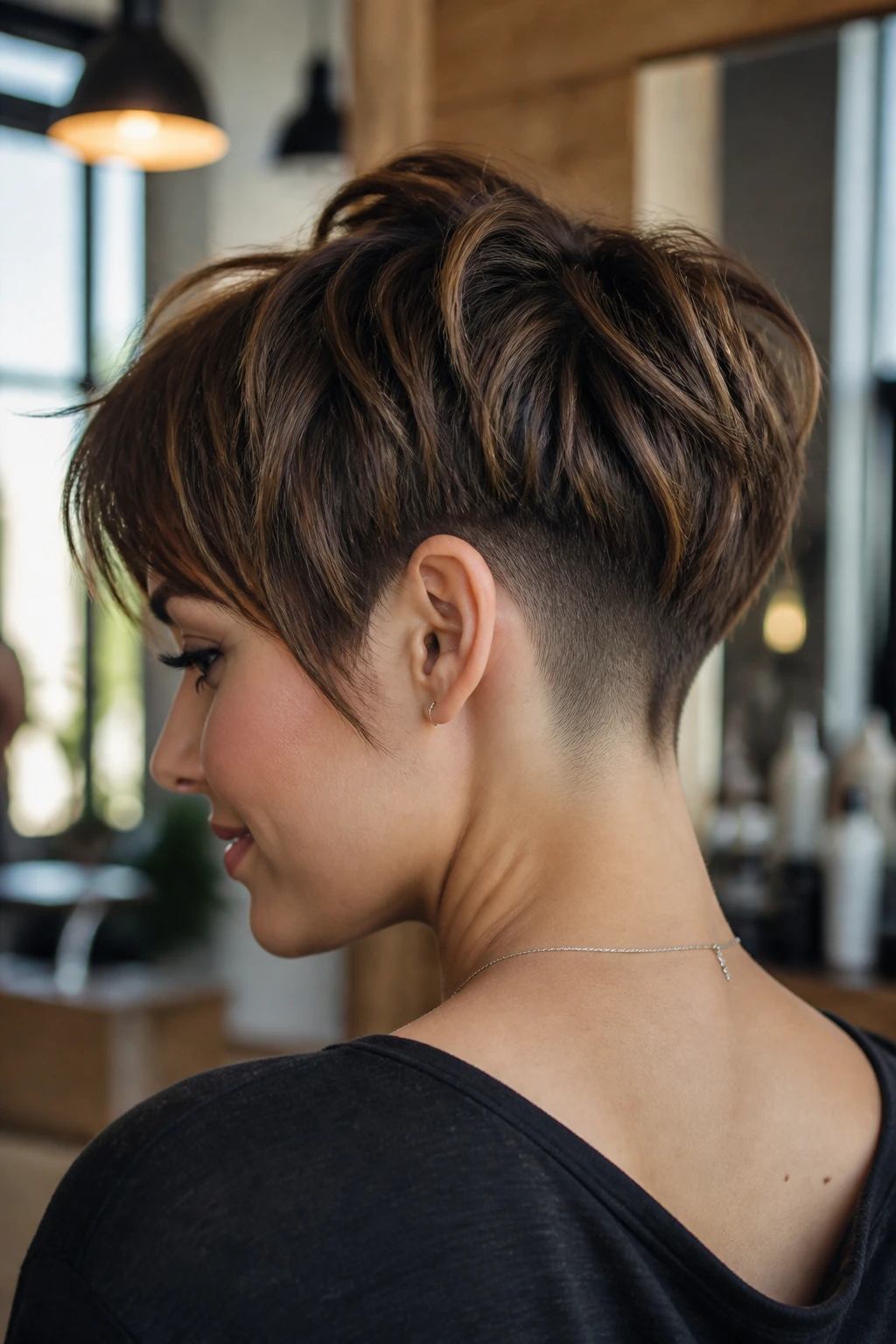 Close-up portrait of a real woman showing a nape undercut with a textured pixie