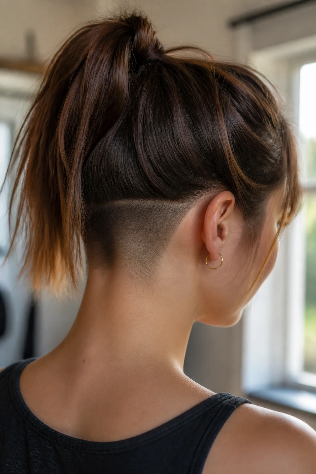 Close-up back of neck showing subtle triangular nape undercut with high ponytail