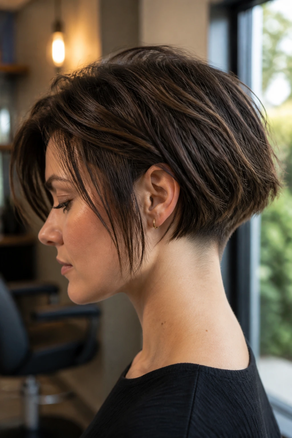 Side profile of a real woman with a nape-under cut razor bob