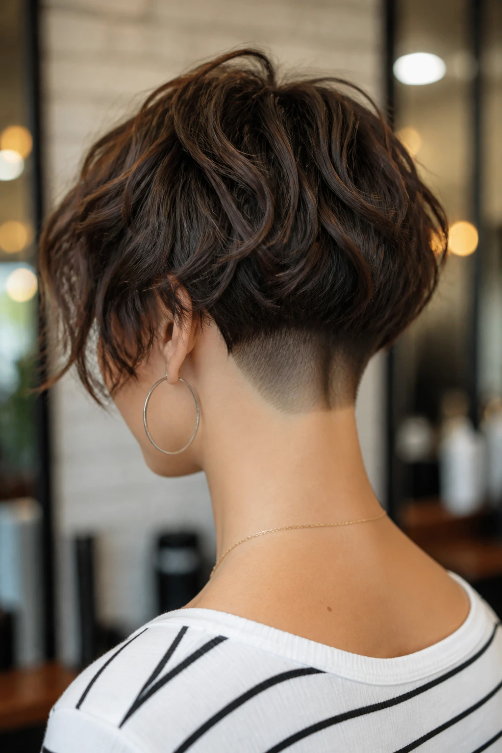 Back view of a real woman with a nape-undercut shag, showing shaved nape beneath textured top.