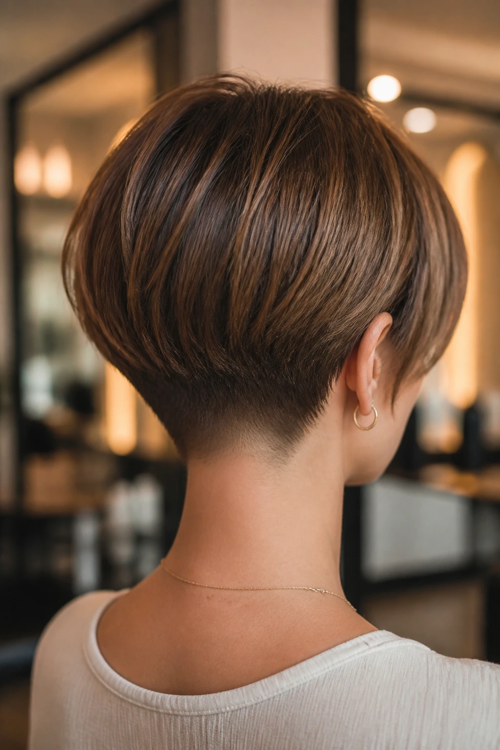 Back view of a real woman with a blunt-cut nape wedge hairstyle
