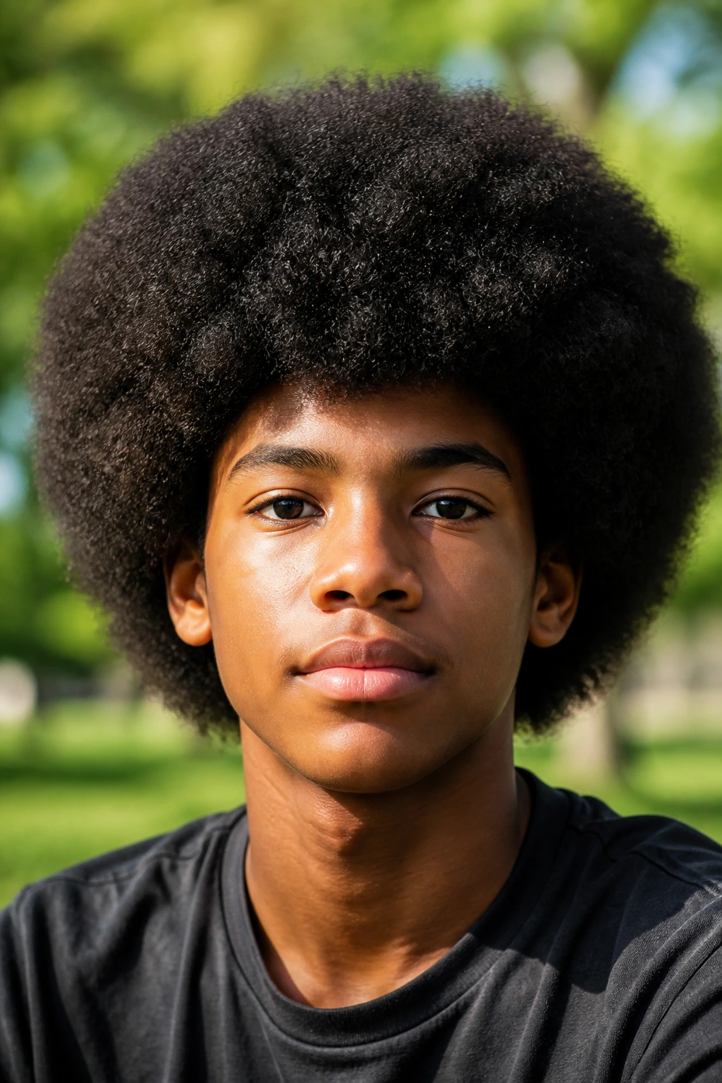 Teen with natural afro hairstyle outdoors in sunlight