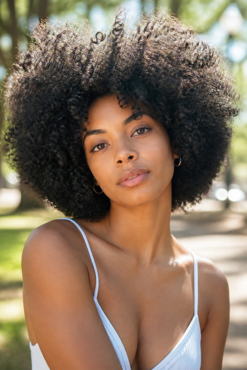 Portrait of a real woman with a high-volume natural Afro.