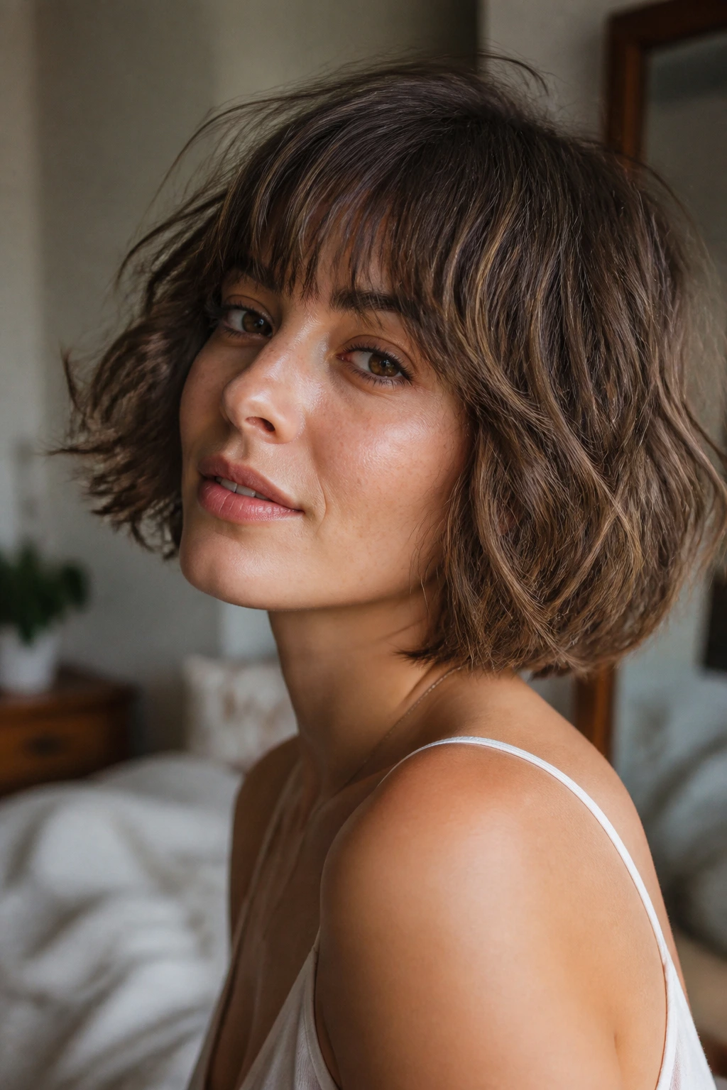 Close-up of a real woman with an effortless, natural wavy bob in a cozy bedroom