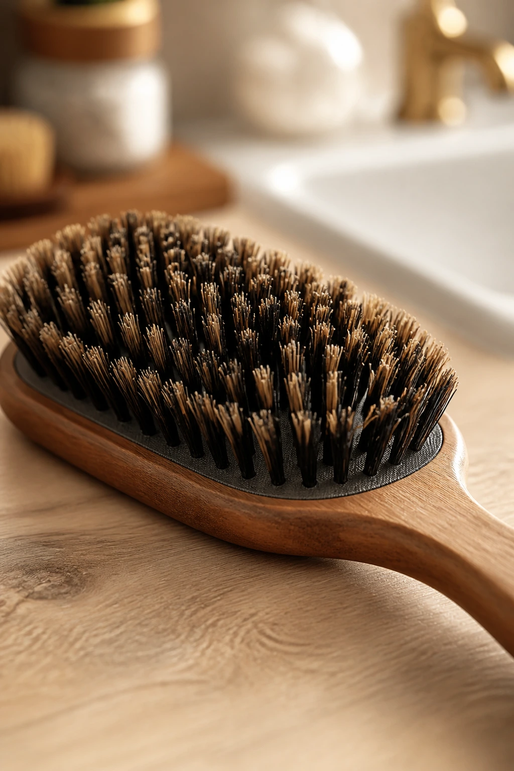 Close-up of natural bristle brush on wooden vanity