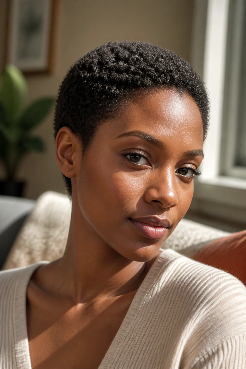 Close-up of a woman with natural coily TWA buzz hairstyle under window light
