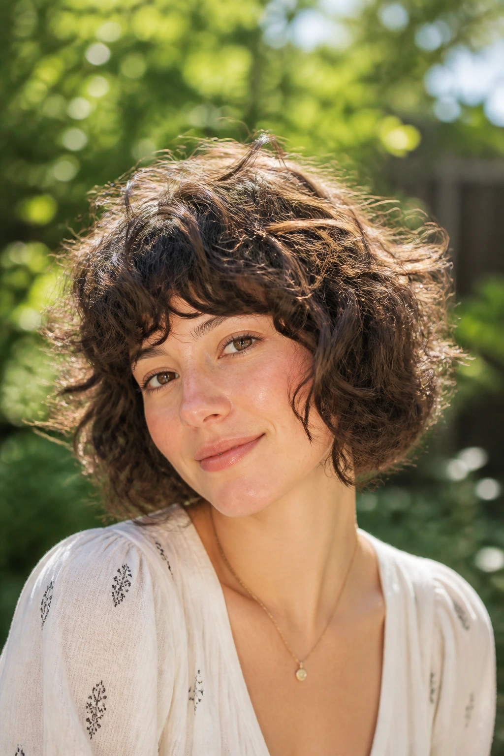 Close-up of a real woman with natural curls in a shaggy bob