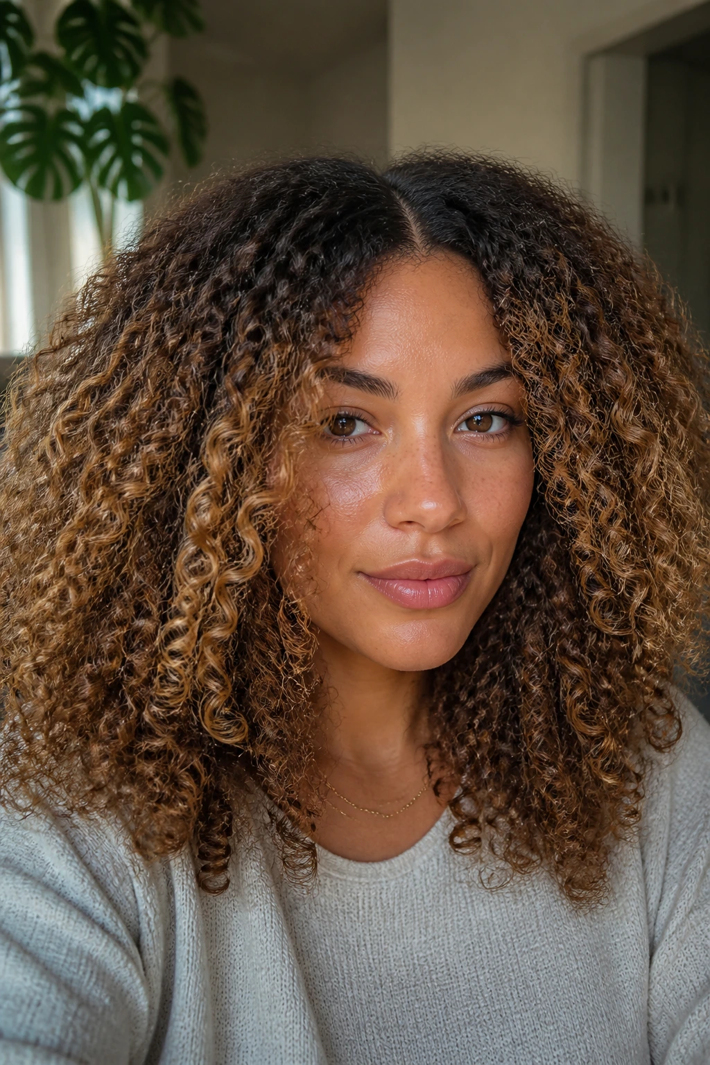 Close-up of a real person with natural curls and diffused roots