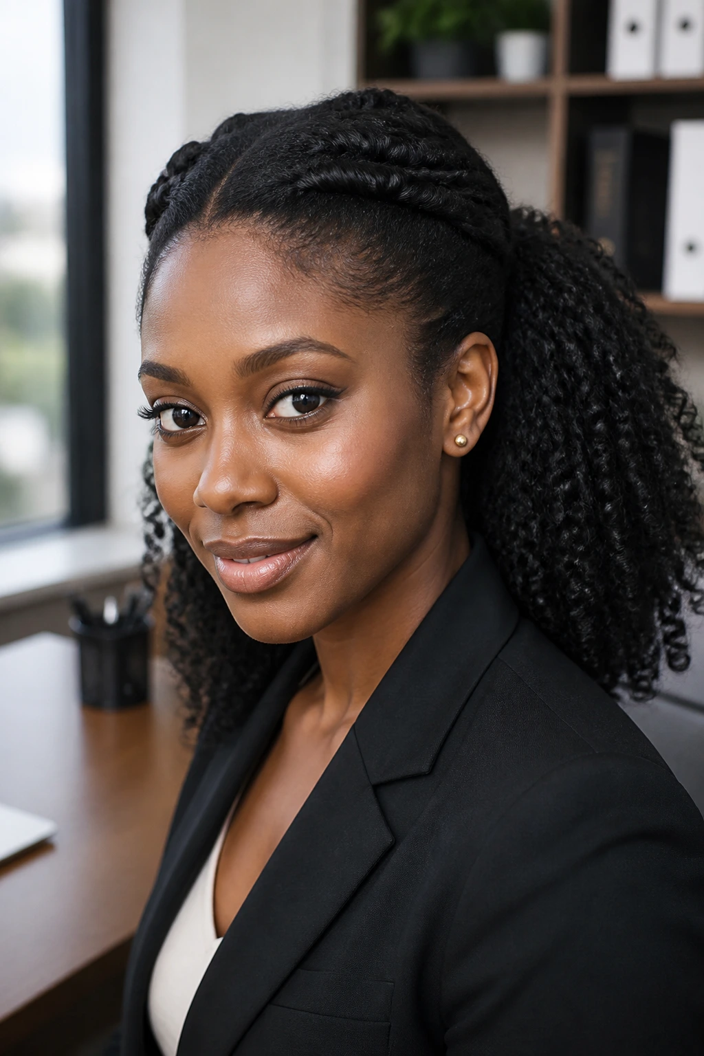 Close-up of a real woman with natural curls and a front twist in an office.