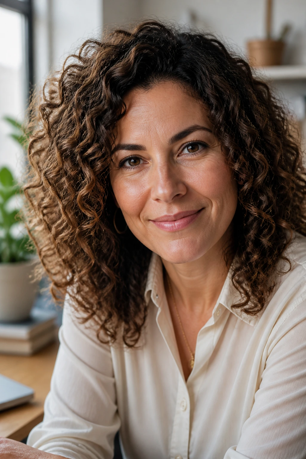 Real woman with natural curls enhanced for a polished office look.