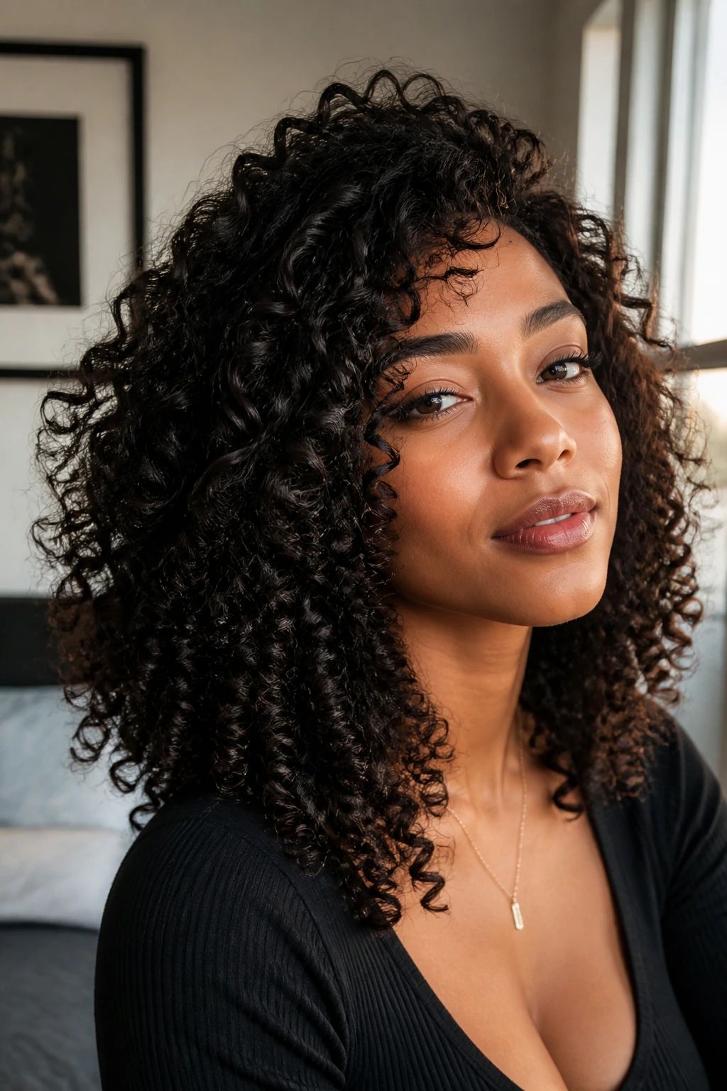 Close-up of a person with defined curly hair catching soft ambient light