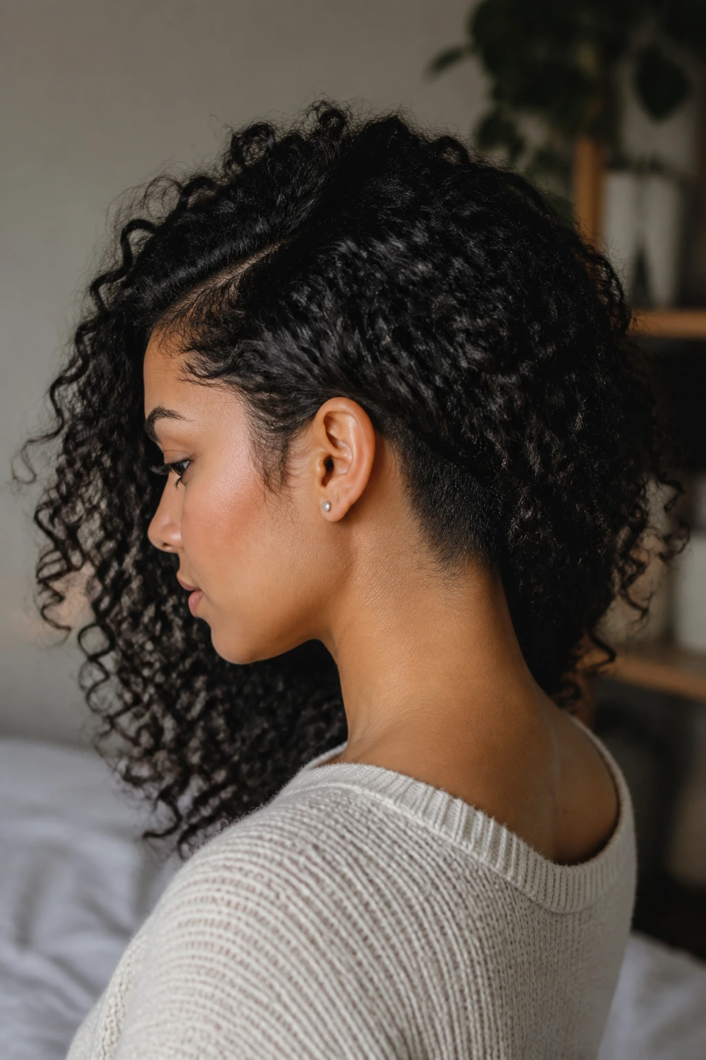 Close-up of a real person with natural curls and a subtle nape undercut in middle part