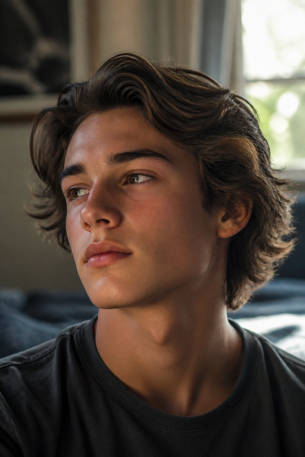Close-up portrait of a teenage boy with mid-length hair swept back in a natural flow