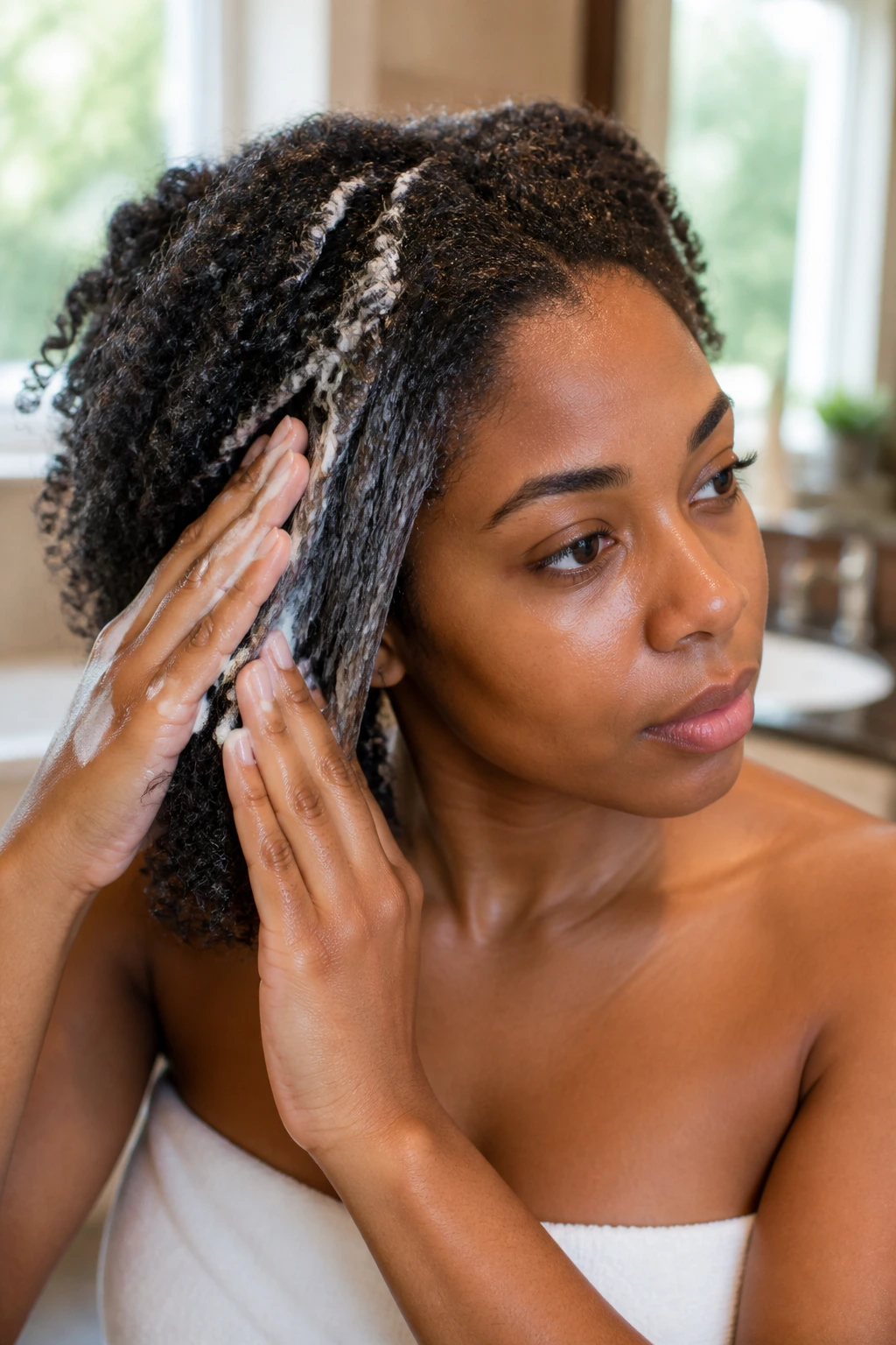 Close-up of a real Black woman with natural hydrated curls applying conditioner in a bathroom.