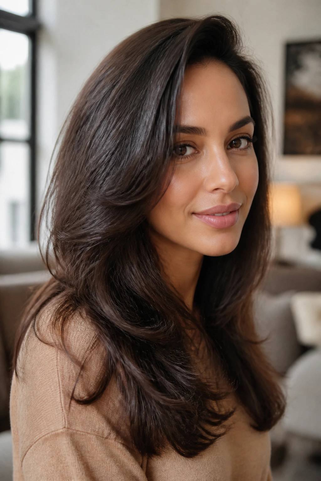 Close-up portrait of a real woman with natural-look blowout for curly-frizzy hair