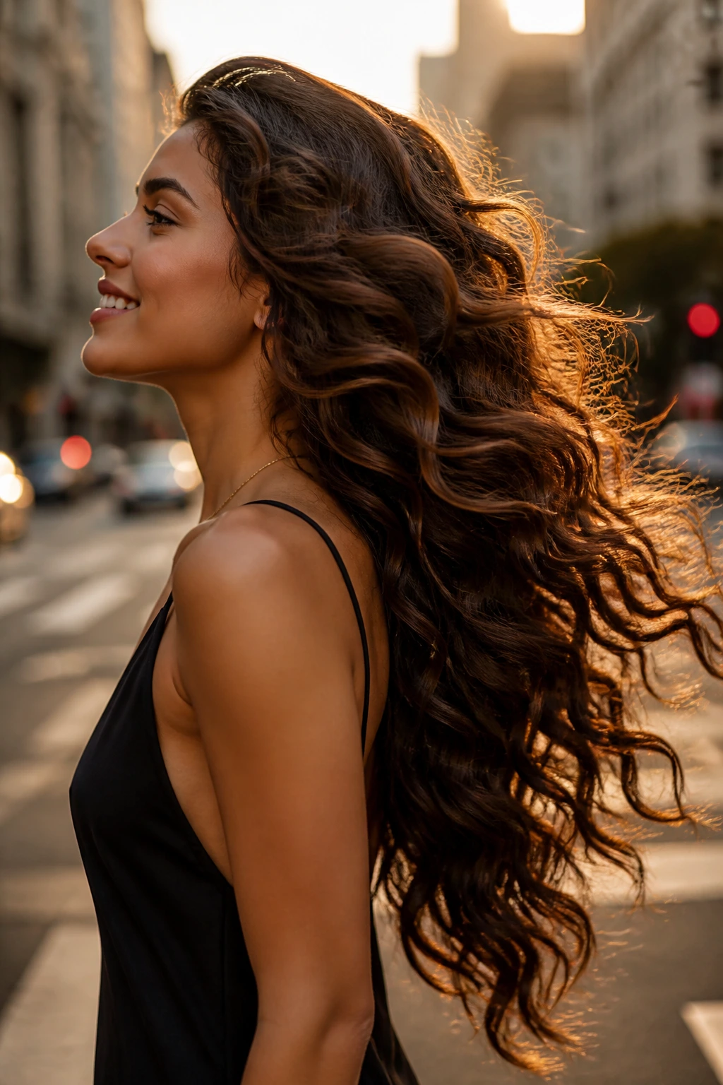 Portrait of real person with moving curls outdoors