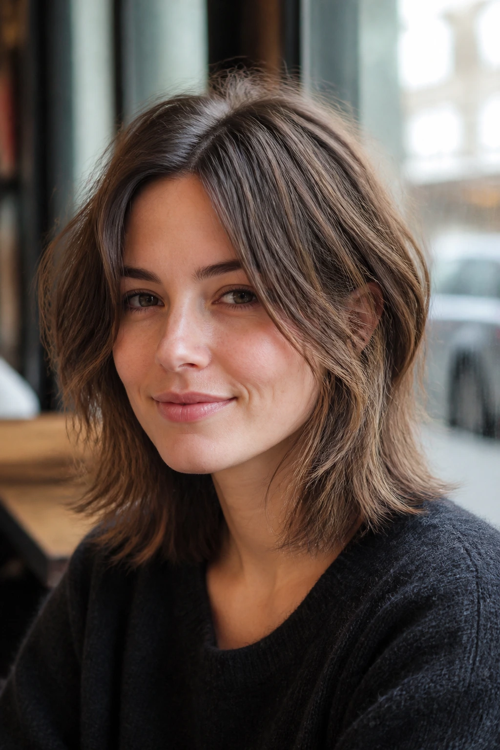 Close-up portrait of a real person with a natural-part shag showing off natural part and layers