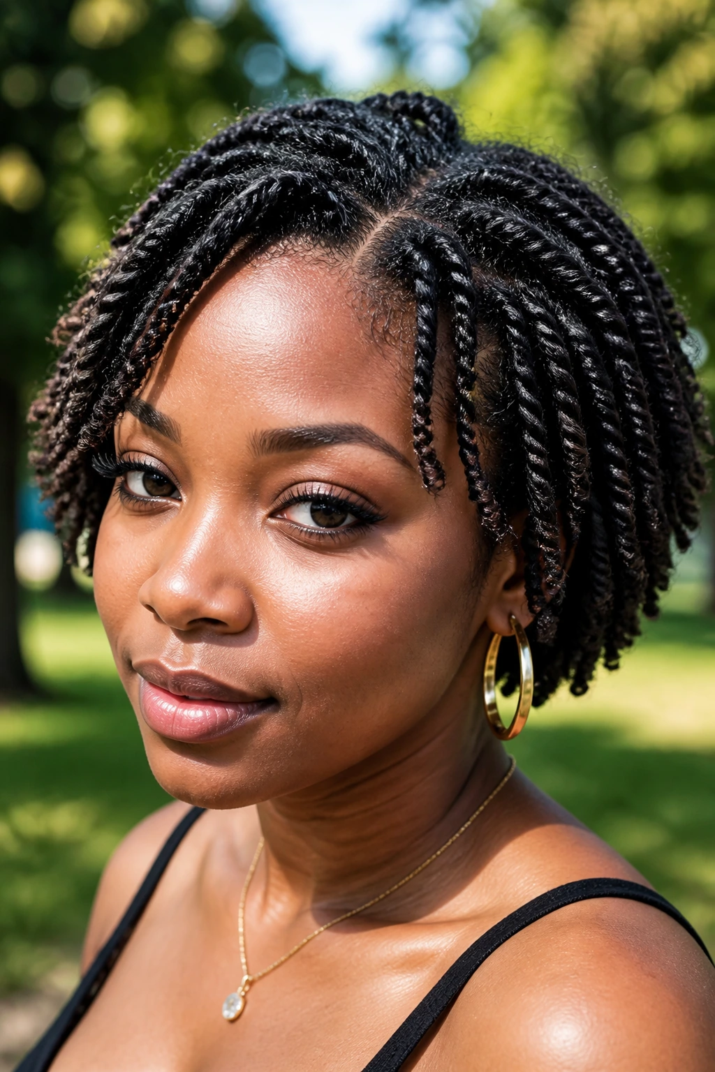 Close-up of a real woman with short natural twists forming a rounded shape