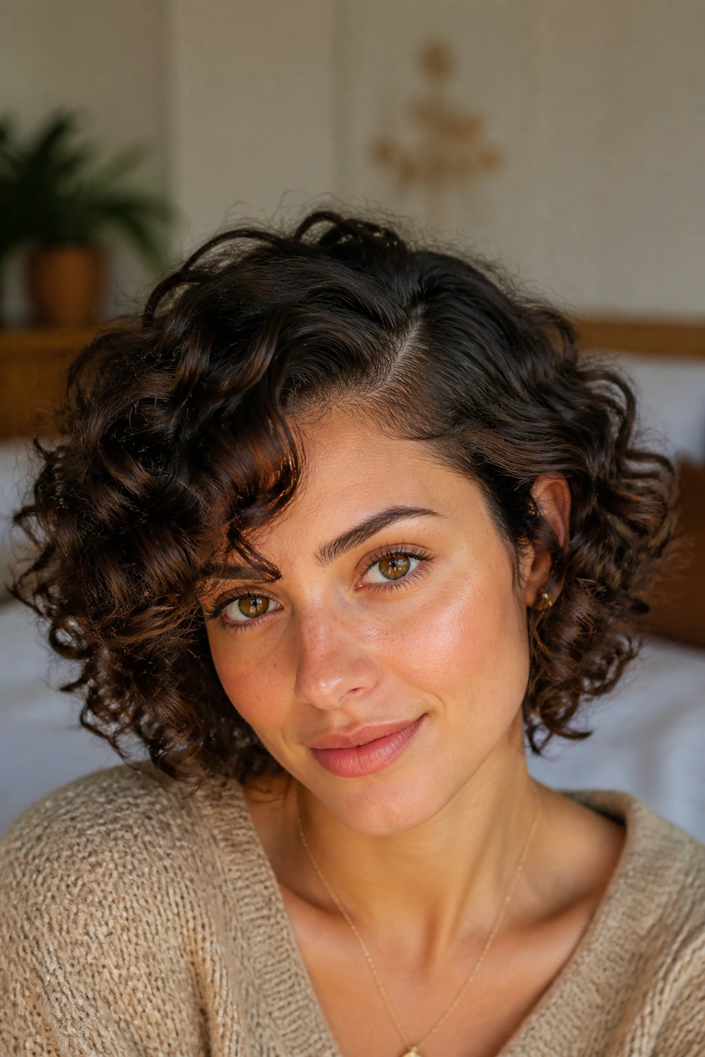 Close-up of a real person with natural ringlets and a deep part in soft window light.