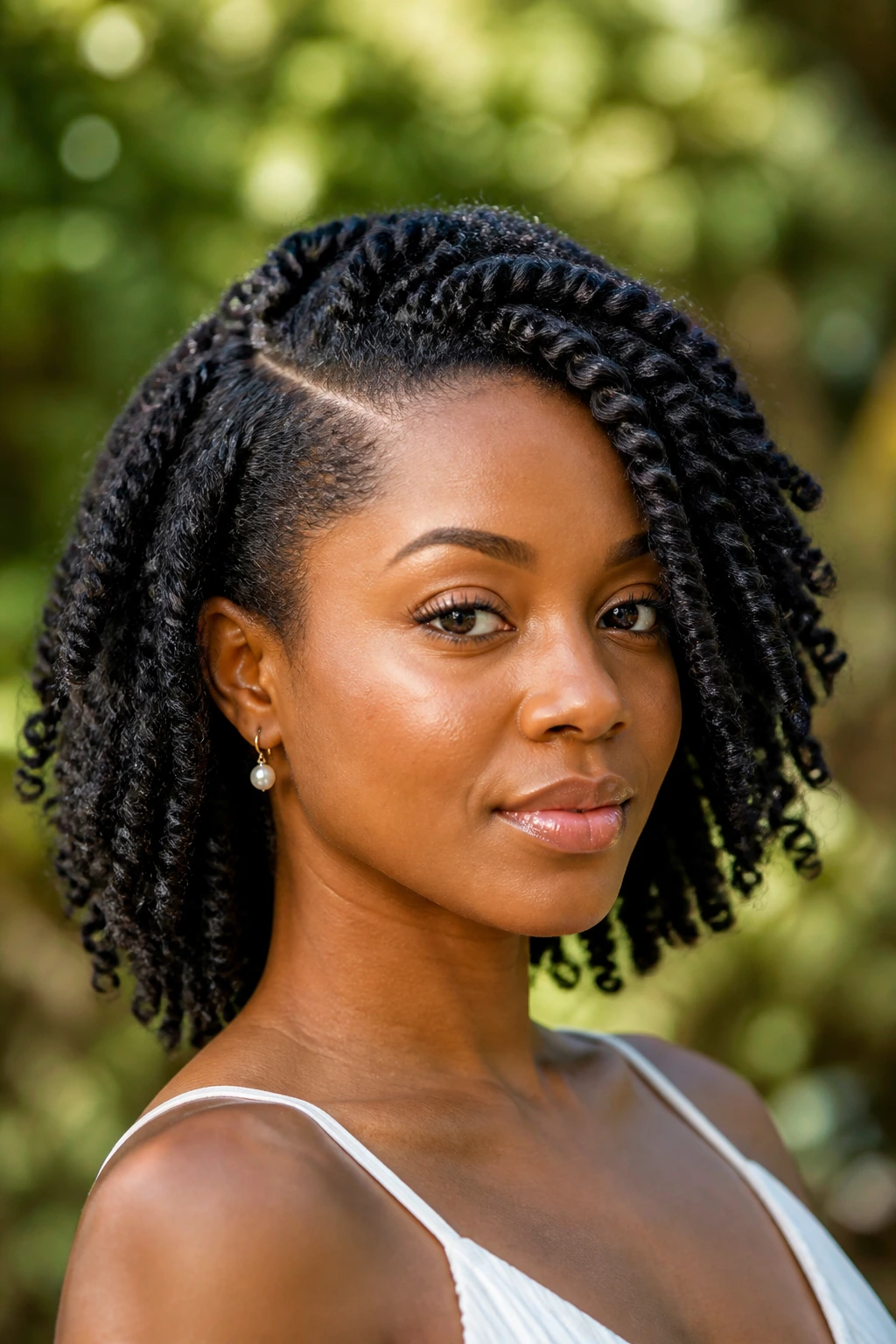 Close-up of a woman with natural spiral coils and a deep side part.