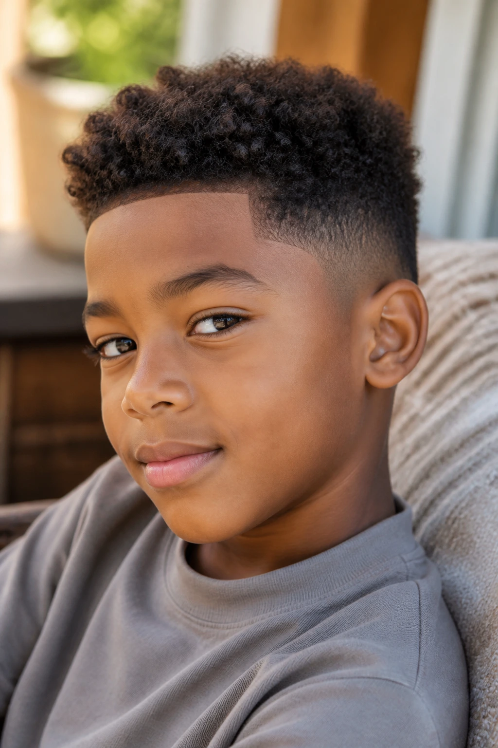 Child with natural taper for coiled hair, close-up portrait.