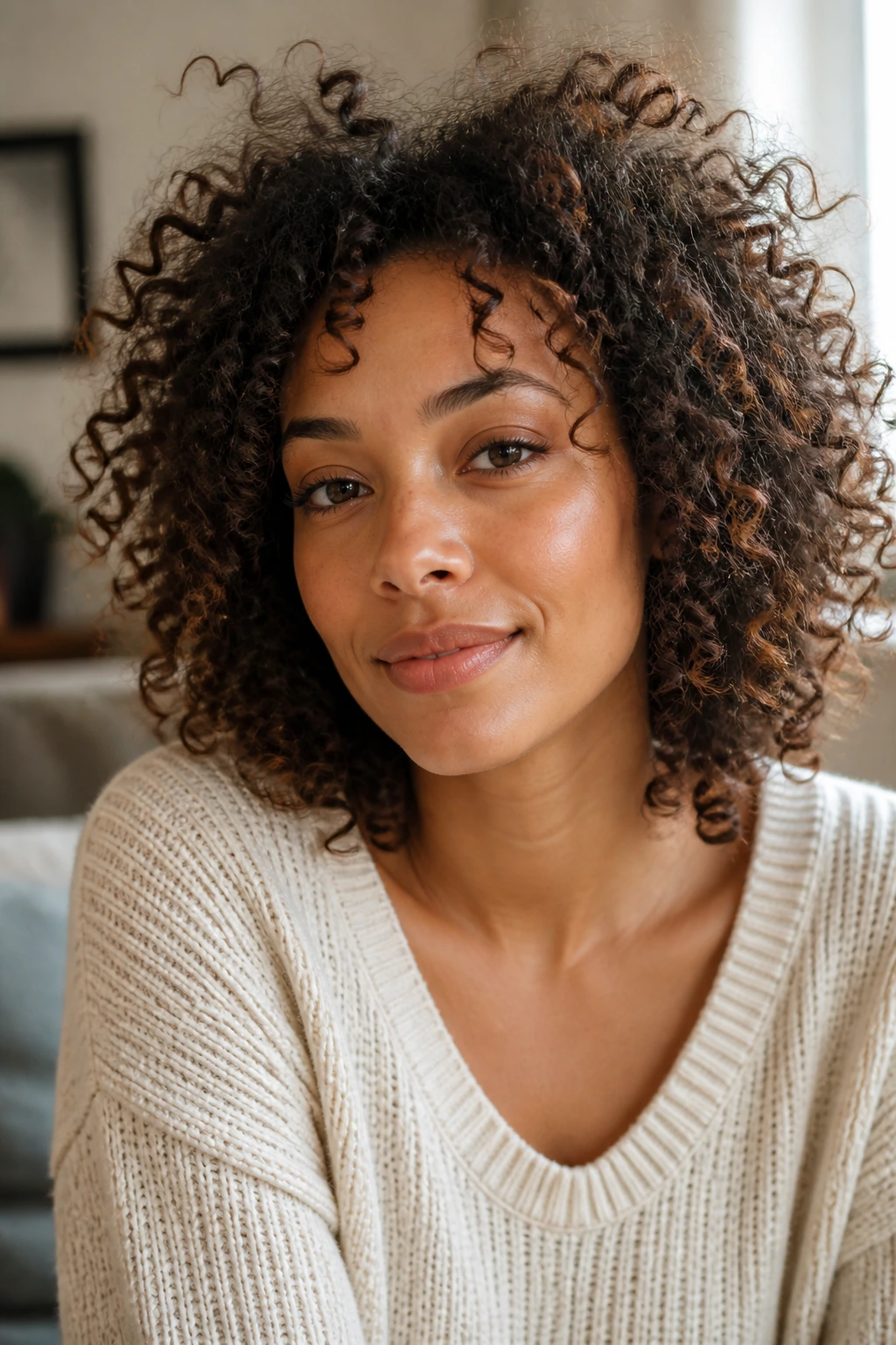 Close-up of a real person with natural curls embraced, showing texture