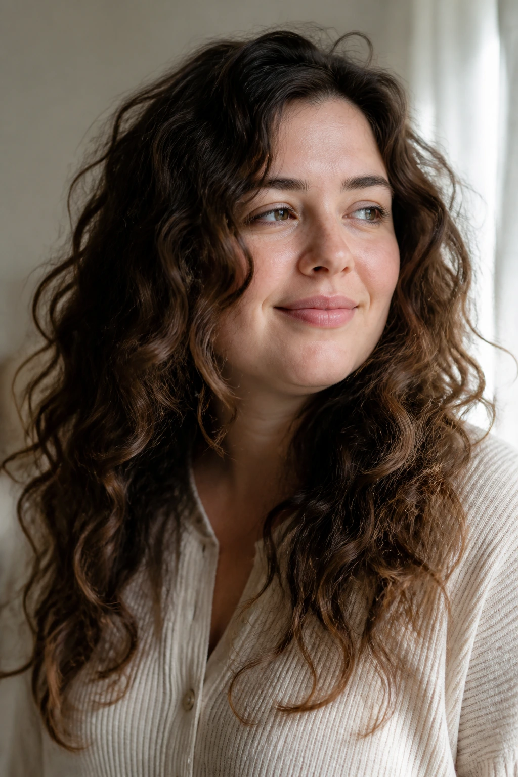 Portrait highlighting natural hair texture and fall with waves and curls