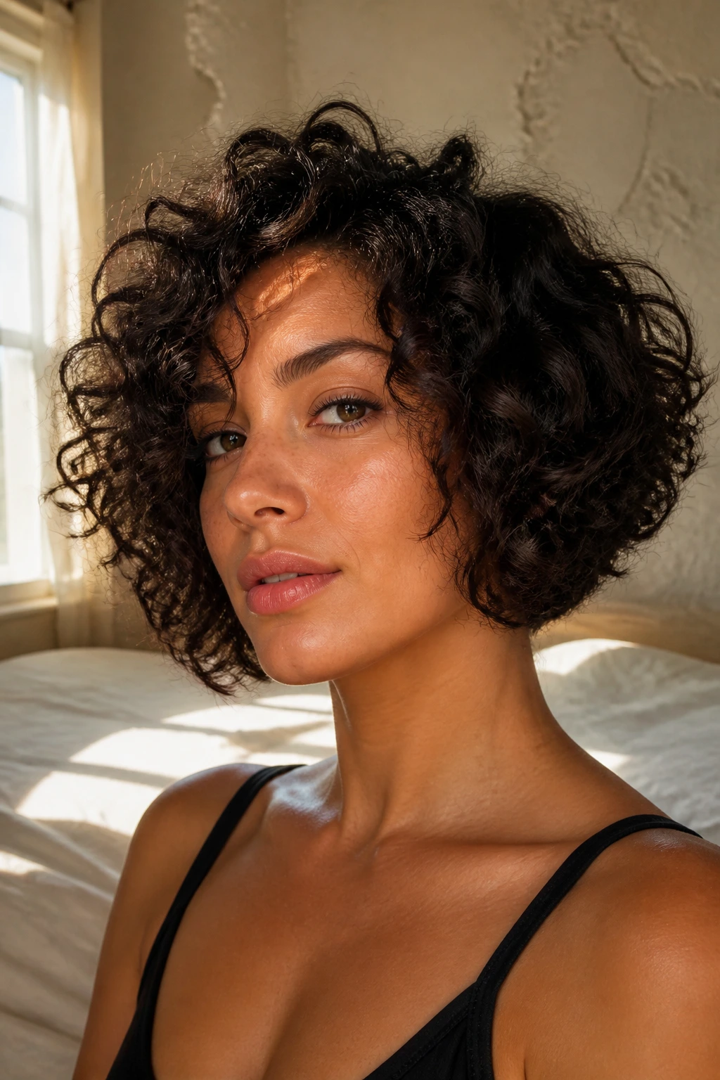 Real woman with natural-texture inverted bob curls air-dried in a sunlit bedroom