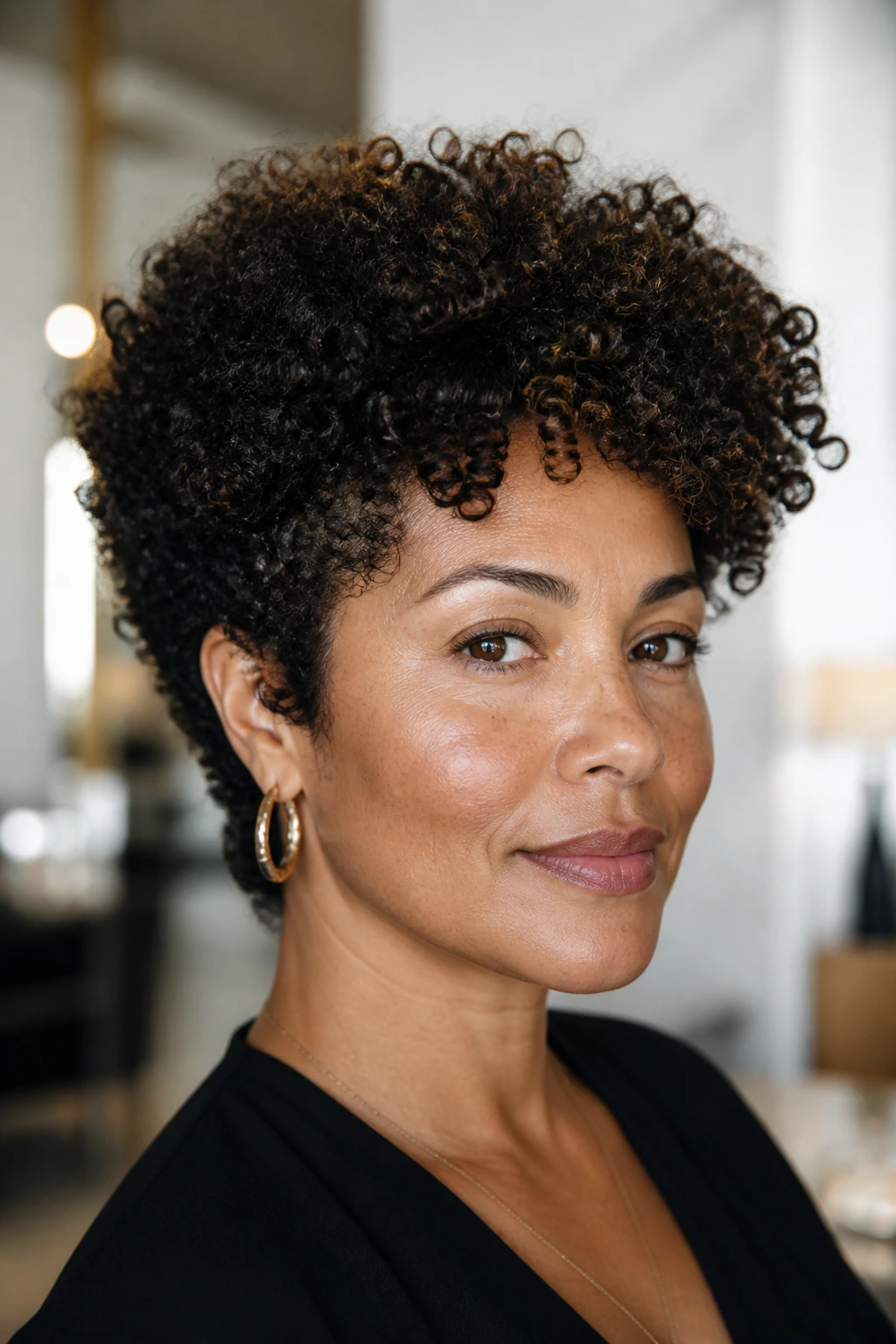 Close-up of a real woman with natural-textured wedge curls