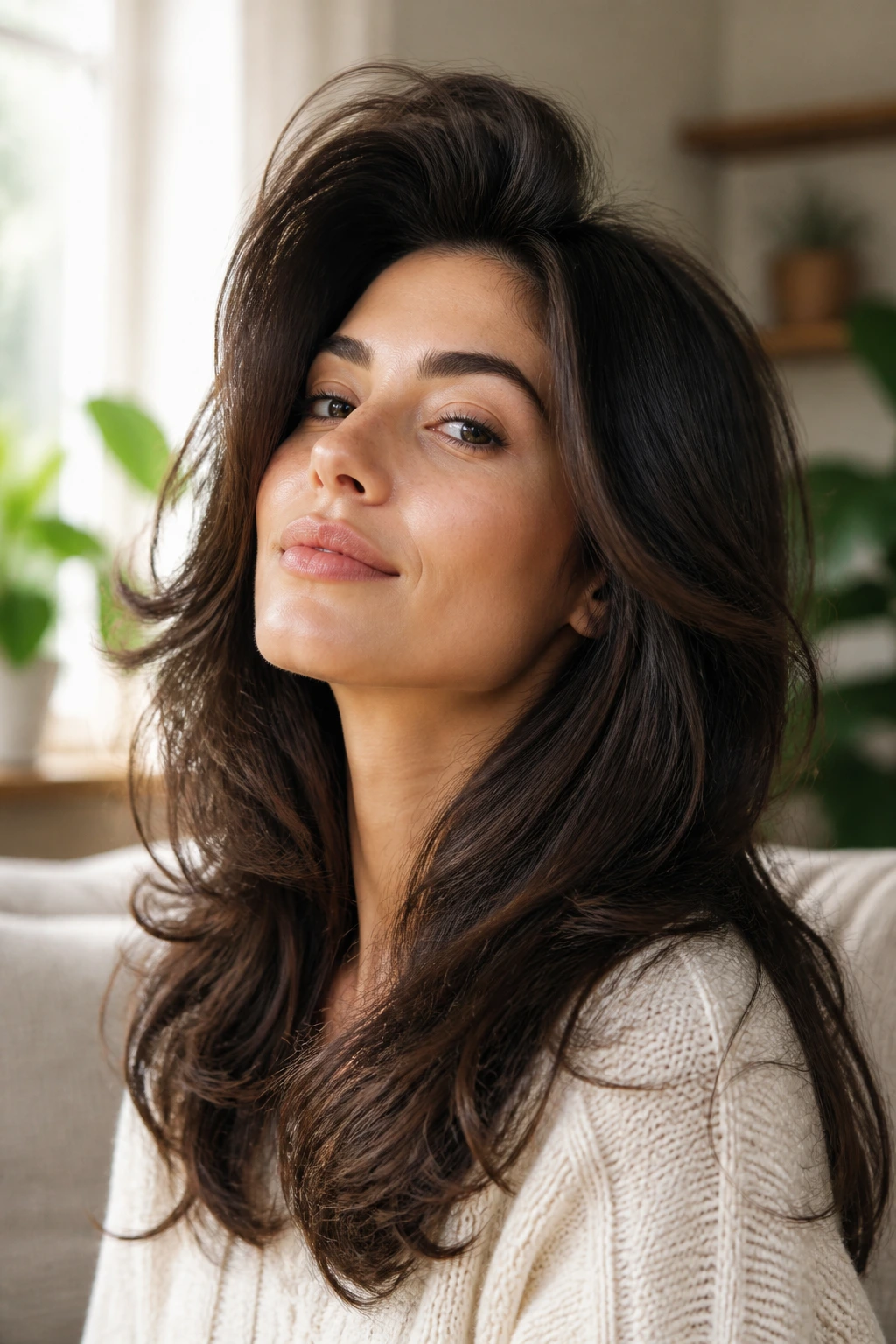 Portrait of a real woman with natural volume boost in thick hair.