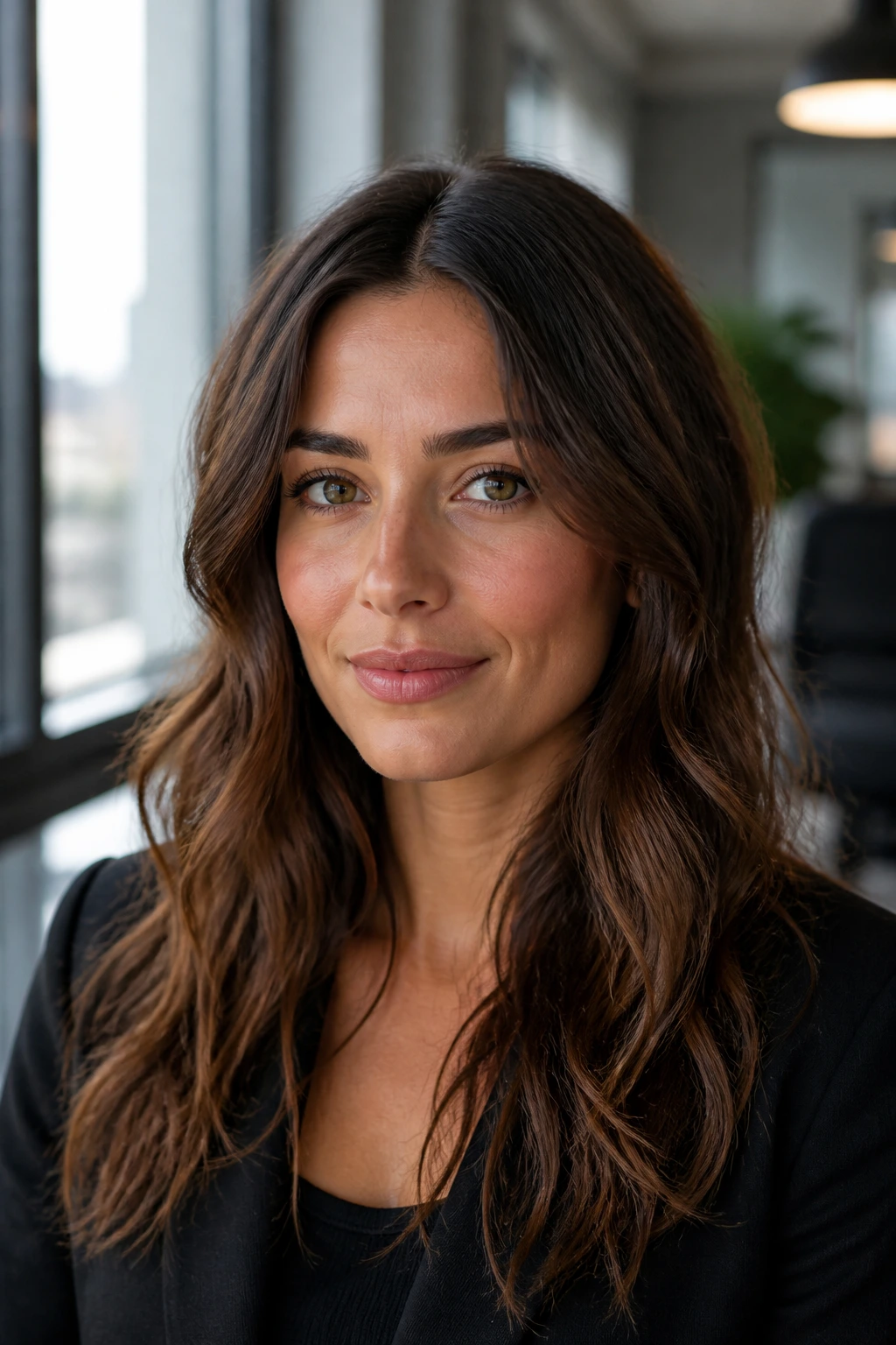 Close-up of a real woman with natural waves and a center part in an office setting