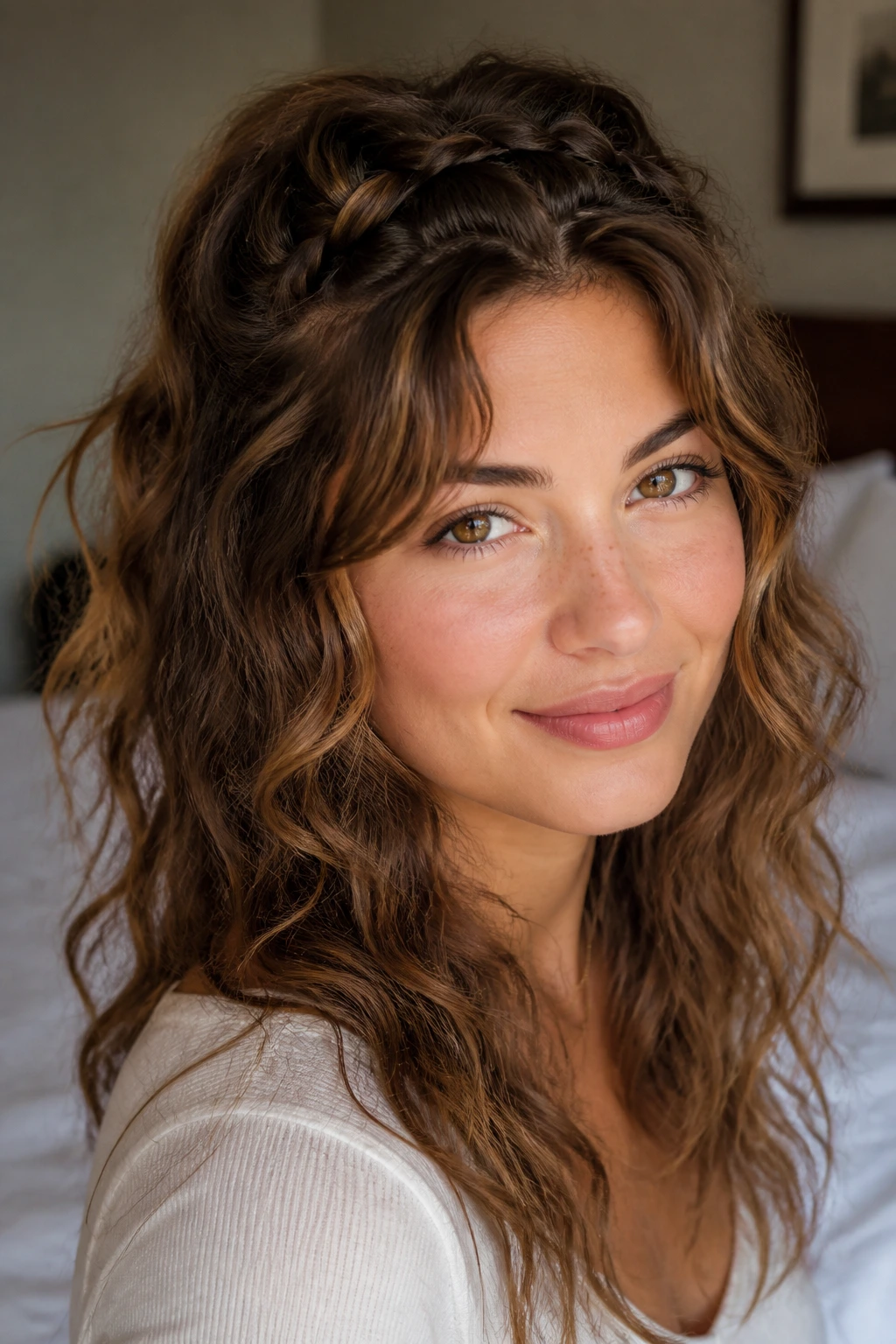 Close-up of a real woman with natural waves and a front French braid in soft window light