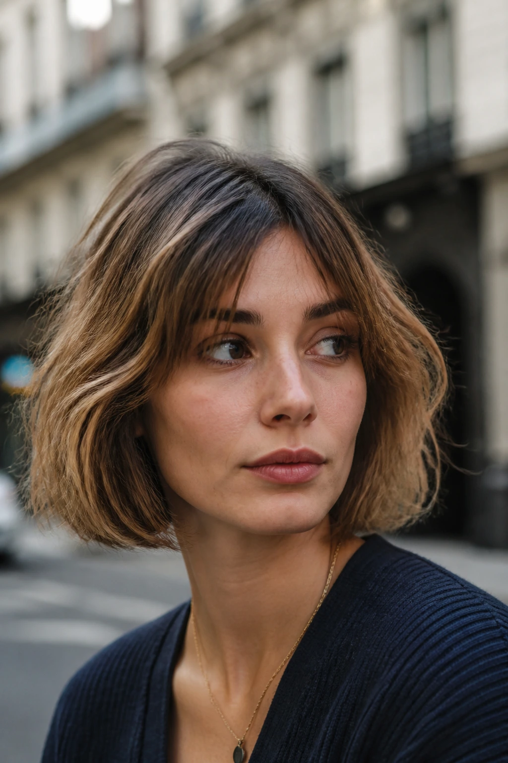 Close-up portrait of a real person with a rooty bob and natural roots