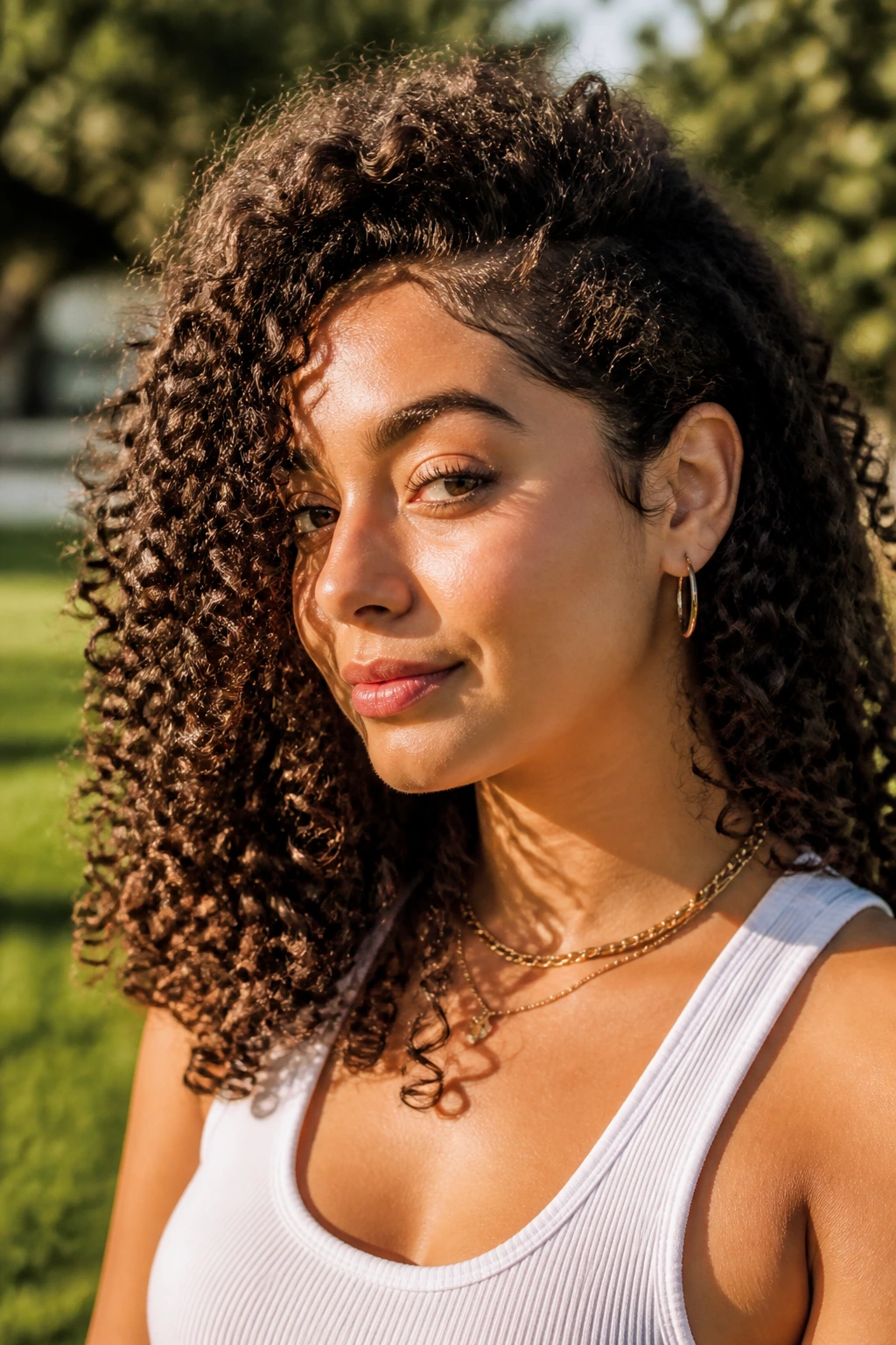 Real person with natural textured curls in sunny outdoor light