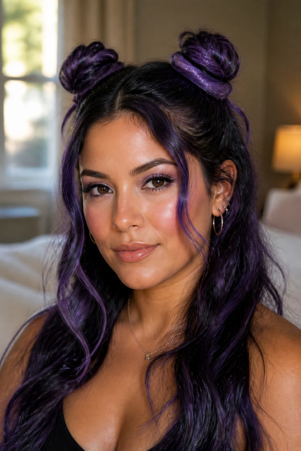 Close-up of a real woman with nebula gradient space buns in a half-up hairstyle.