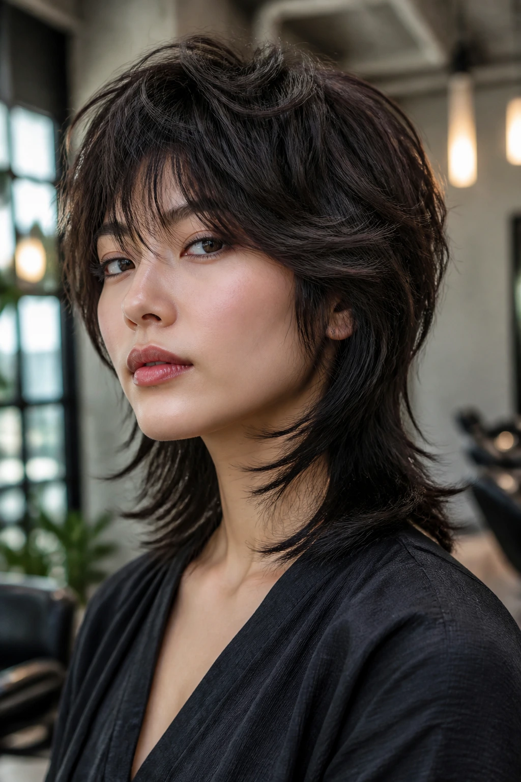 Close-up of a real woman with the Neo-Wolf Cut showing crown volume and soft face-framing layers